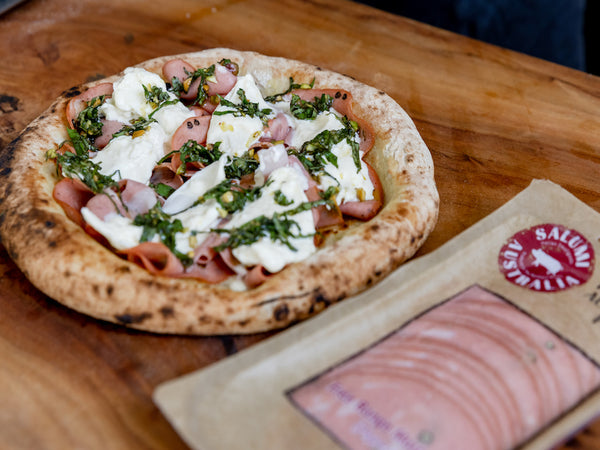 RECIPEARCE'S MORTADELLA, BURRATA, BASIL & PISTACHIO PIZZA - Salumi Australia