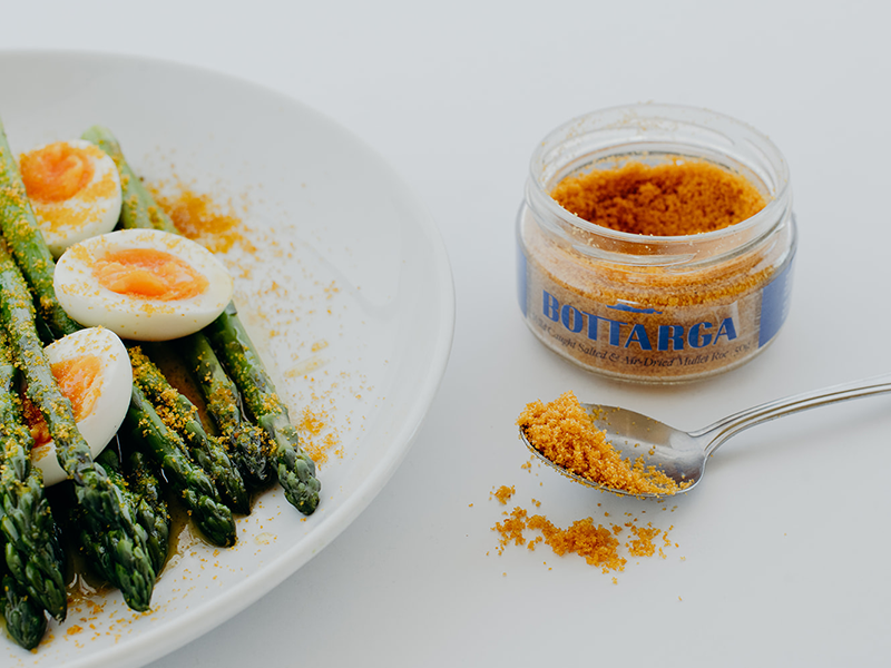 DAVID LOVETT'S ASPARAGUS, BOILED EGGS AND BOTTARGA